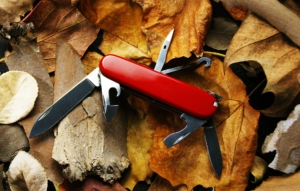 Swiss army knife lying on brown Autumn leaves.