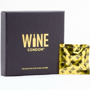 Wine condom box with gold writing stating "protection for wine lovers".